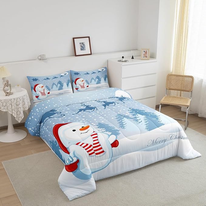 Manfei Snowman Comforter Set Twin Size, Xmas Deer Trees Print Quilt Set with 1 Pillowcase, Winter Snowflake Merry Christmas Bedding Set 2pcs for Kids Boys Girls Bedroom Decor