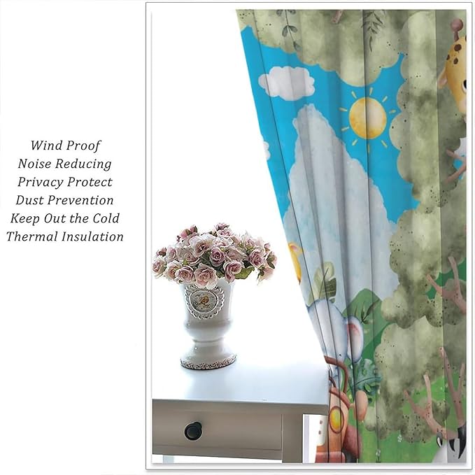 Jungle Animals Curtains, Cartoon Safari Animals Tropical Forest Leaf Blackout Window Treatments, Rod Pocket Thermal Insulated Drapes 2 Panel Sets for Kids Bedroom Nursery Classroom, 52"W X 84"L