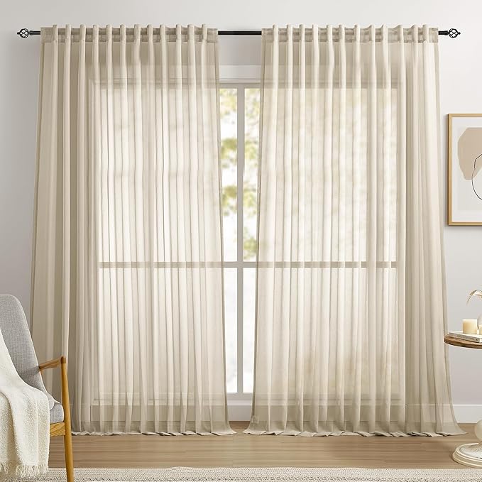 Dreaming Casa Taupe Sheer Curtains 96 Inches Long, Rod Pocket & Back Tab Light Filtering Textured Sheers for Living Room Bedroom, 2 Panels, Each 100" W x 96" L