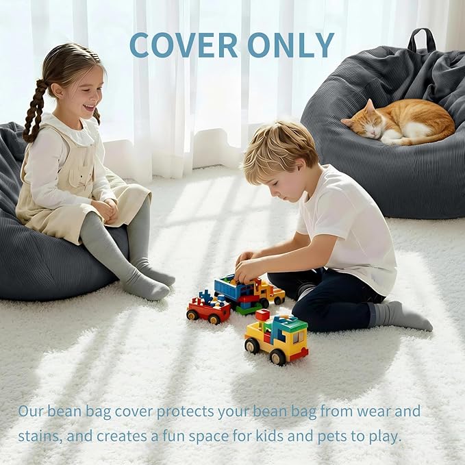Nobildonna 3 ft Bean Bag Chair Cover (No Filler) 35"×43" Large Stuffed Animal Storage Bean Bag Washable Big Beanbag Chair Cover Premium Corduroy Bean Bag Cover for Adults,Kids,Dark Grey 300L