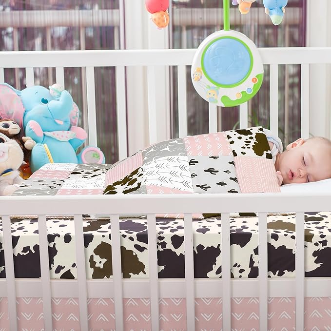 3 Piece Patchwork Western Crib Bedding Set for Boys Girls Cow Cactus Print Baby Bedding Barnyard Western Nursery Decor Soft Baby Bed Set Includes Quilt Fitted Crib Sheet Bed Skirt (Cowgirls)