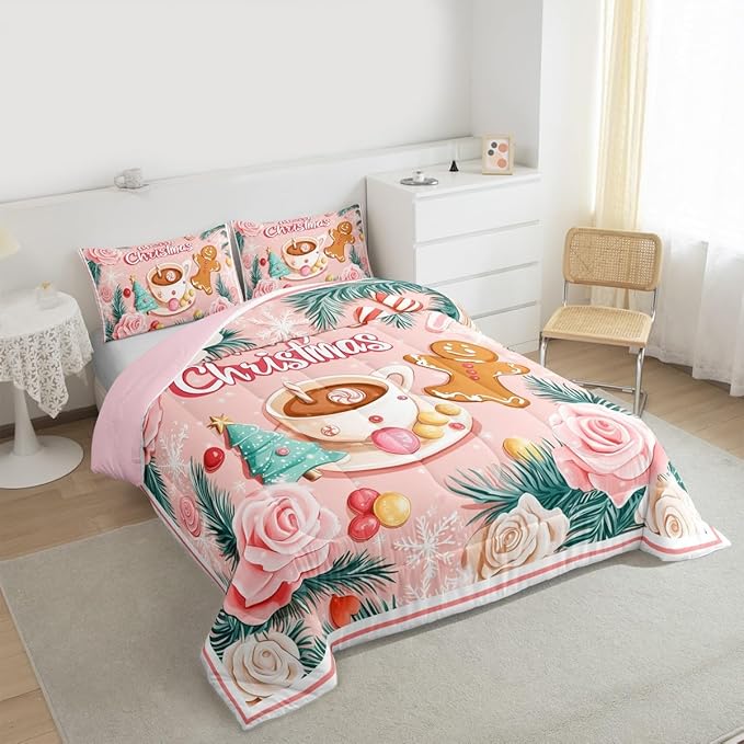 Feelyou Christmas Tree Comforter Set All Season Gingerbread Man Bedding Set with 1 Pillow Cases Merry Christmas Microfiber Kids Twin Bedclothes Xmas Bedroom Decor Duvet Quilt Soft Lightweight