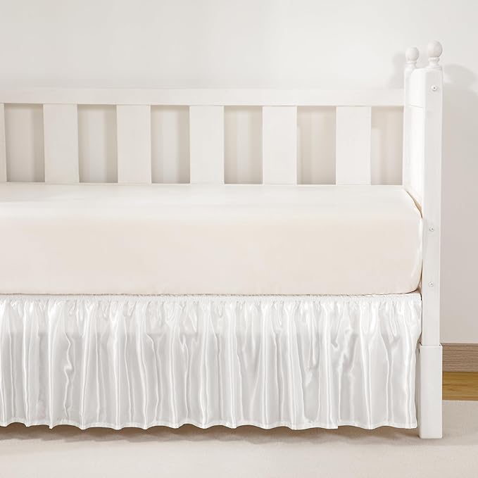 White Satin Crib Bed Skirt, 52" x 28" with 14" Drop Silky Soft Baby Crib Skirt for Baby Girls or Boys, Fit for Standard Crib & Toddler Bedding