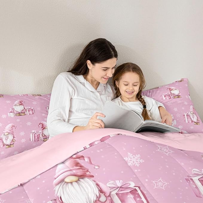 Feelyou Pink Christmas Bedding Set Soft for Boys Girls, Scandinavian Christmas Santa Gnomes Comforter Set Full Size Xmas Snowflake Duvet Quilt Bedroom Decor 3 Pcs with 2 Pillow Cases
