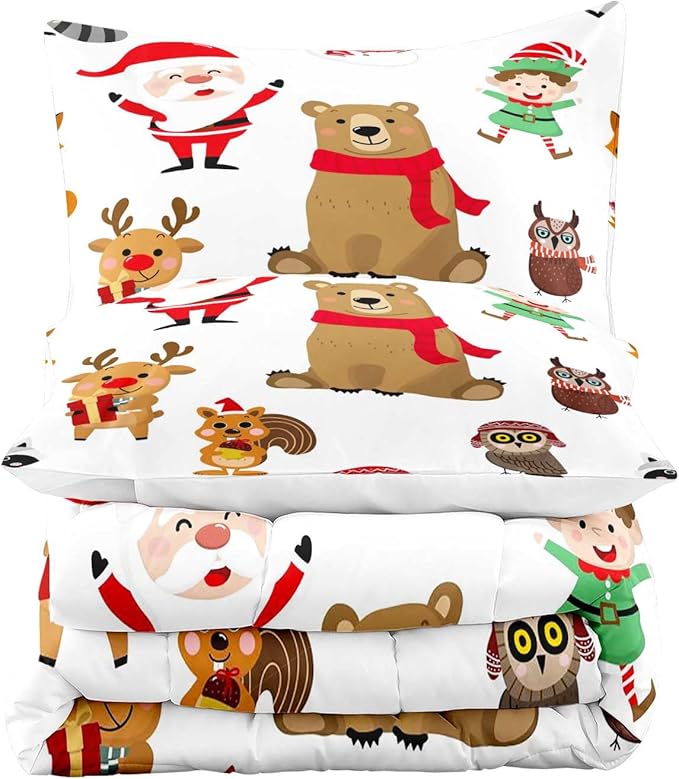 LUVIVIHOME 3PCS Merry Christmas Comforter Set King Size, Boys Girls Kids Bedding, White Quilt, Funny Cute Cartoon Santa Claus Elf Owl Elk Reindeer Squirrel Xmas Christmas Bedroom Decor, 2 Pillow Shams