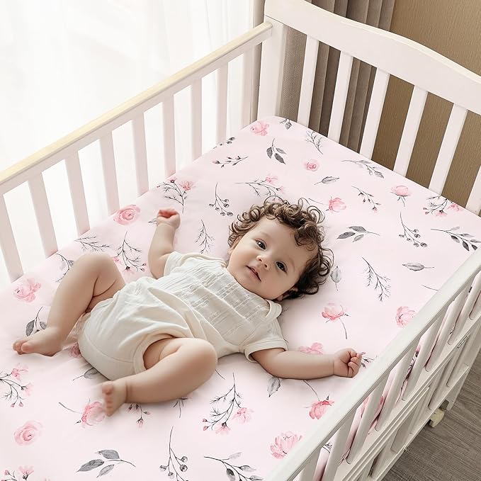 PHF Soft Crib Sheet Fitted, 2 Pack Baby Sheets for Girls, 28x52x9in Fits Standard Crib and Toddler Mattresses, Silky Comfy Breathable Polyester Baby Mattress Sheets, Pink Floral