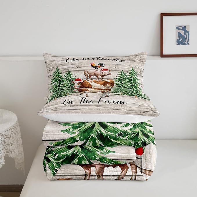 Castle Fairy Xmas Pine Trees Snowflake 3 Pcs Queen Size Comforter Set,Cartoon Cow Chicken Pig Down Alternative Adults Room Decor,Christmas Farmhouse Ultra Soft Microfiber Inner Fill 3Pcs Bedding