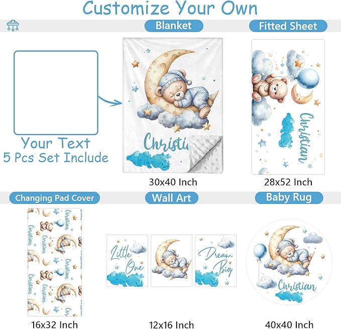 Custom Baby Boy Crib Bedding Set, 5 Pcs Personalized Blue Moon Bear Baby Crib Set with Name, Nursery Girl Bedding, Double Layer Toddler Bedding Set, Newborn Infant New Parents Customized Gifts