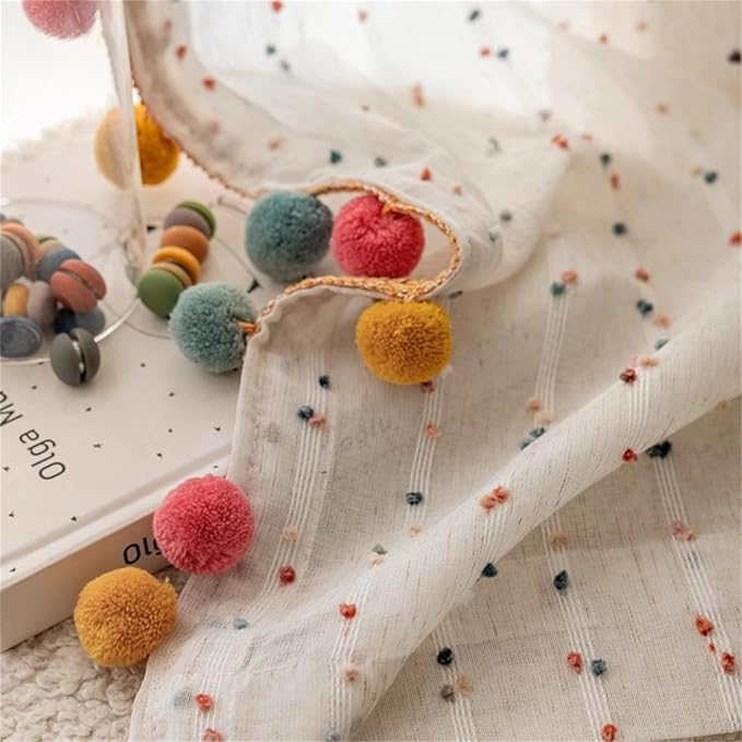 Boho Rainbow Sheer Curtain with Colorful Pom Pom Voile Drapes Light Filtering Faux Linen Stripe Pompom Rod Pocket Window Drapes for Boys /Girls Bedroom/Nursery 2 Panels (W52 X L84 Inch-2PCS,White)