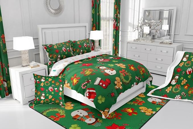 jejeloiu Merry Christmas Comforter Set Full Size Cute Snowman Bedding Set for Kids Boys Girls Gingerbread Man Duvet Quilt Green Bedroom Decor