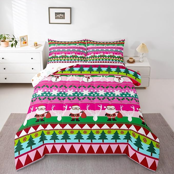 Feelyou Merry Christmas Tree Kids Comforter Set Twin Size Cute Snowman Bedding Set Santa Claus Duvet Quilt for Kids Boys Girls Bedroom Cartoon Bowknot Decor Microfiber Ultra Soft Breathable