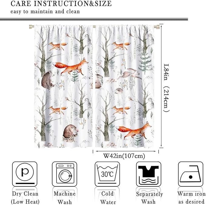 Rustic Forest Window Curtains, Watercolor Woodland Animals Owl Hedgehog Fox Butterfly Forest Squirrel and Bear Blackout Windows Door Curtain for Bedroom Living Room Home Decor 84x84in