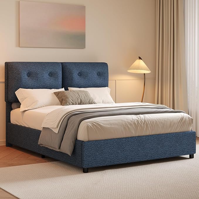 Queen Bed Frame with Headboard, Cloud Boucle Upholstered Bed Frame, Modern Soft Style, Adjustable Headboard, No Box Spring Needed, Easy Assembly, Blue