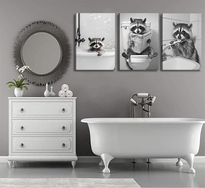 Funny Raccoon Bathroom Canvas Wall Art set of 3 Black and White Cute Raccoon Sitting on Toilet Poster Print Artwork Humor Adorable Animals Pictures Wall Decor for Washroom Restroom laundry 12x16in