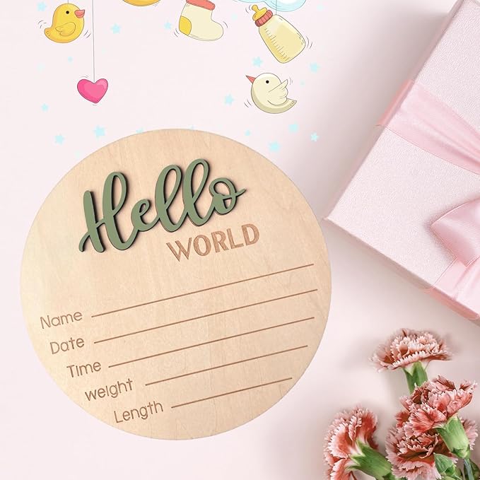 Baby Announcement Sign, 5.9 Inch Wooden Hello World Newborn Signs, Birth Announcement Sign, Baby Shower Hospital Nursery for Newborn Boys and Girls (Forest Green,Pen)