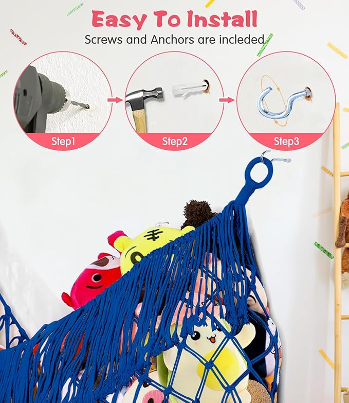 Stuffed Animal Hammock - Extra Large 56'' Long, Stuffed Animal Storage, stuffed animal Holder net, Toy Hammock Large, Toy Storage Hanging Organizer - Sapphire blue