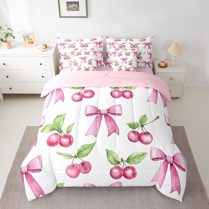 7 Pieces Pink Bowknot Kids Comforter Queen,Cherry Tropical Fruit Bow Patchwork Bedding Set,Bow Tie Butterfly Knot Princess Dreamy（Comforter+Fitted+Flat Sheet+2 Pillowcases+2 Throw Pillow Covers）