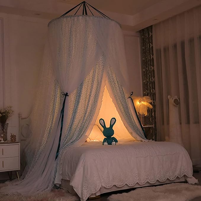 Kertnic Luxurious Bed Canopy for Girls & Adults, Large Elegant Double Layer Bed Curtain Canopy Drapes, Round Dome Lace Princess Canopies Netting (Fresh)