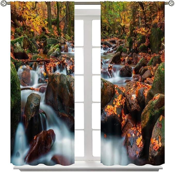 Autumn Waterfall Blackout Windows Curtains, Nature Autumn Forest Farmhouse Window Drapes, for Living Room Bedroom 72" W X 63" L