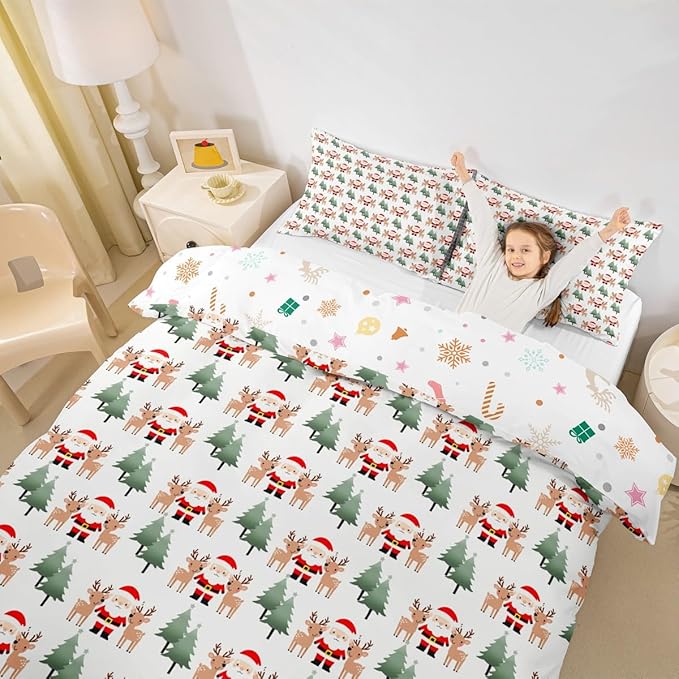 Feelyou Christmas Duvet Cover Cartoon Santa Claus Bedding Set for Kids Boys Girls Teens Room Decor Cute Deer Christmas Tree Comforter Cover Set Xmas Theme Bedspread Cover 3Pcs Zipper Full Size