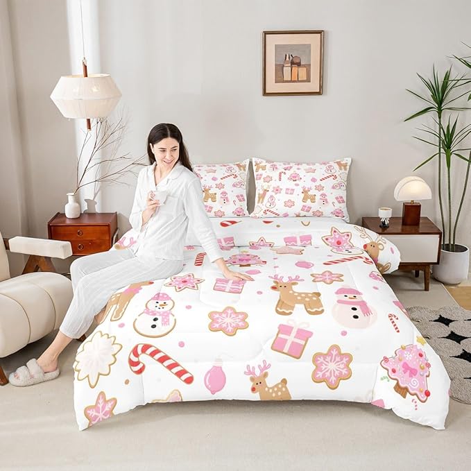 Feelyou Pink Christmas Comforter Set Full Size Snowman Deer Bedding Set for Kids Boys Girls Snowflake Duvet Quilt Bedroom Decor Microfiber 3 Pcs with 2 Pillow Cases