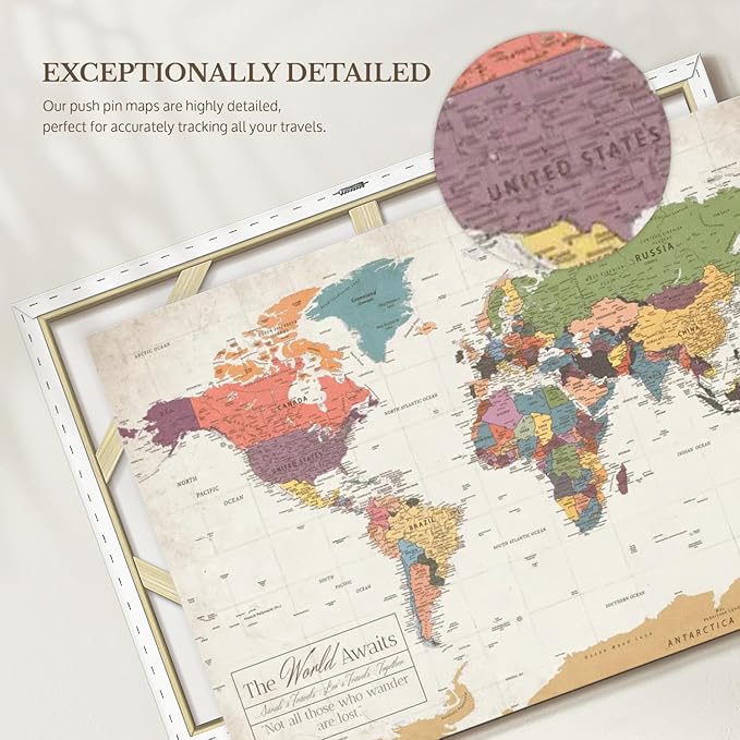 ElephantStock - Personalized World Awaits II Push Pin World Map Wall Art - Horizontal Canvas Wall Art - Living Room Wall Decor - Digital Art Map Canvas Art - Green And Beige Decor - 24" x 16"