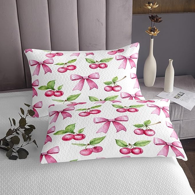 Pink Bowknot Kids Bedspread King Size,Cherry Tropical Fruit Bow Patchwork Coverlet Set,Girls Women Room Decor,Bow Tie Butterfly Knot Princess Quilted Coverlet,Dreamy Bedding Quilt,2 Pillowcases