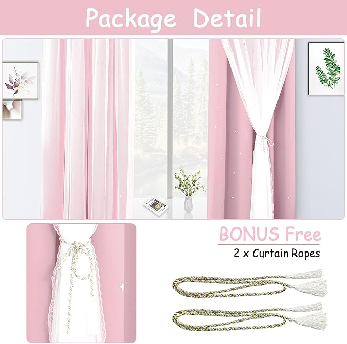 Kinryb Princess Curtains for Girls Bedroom with Sheer Overlay,Double Layer Curtain for Living Room with Star Cutout, Curtains for Kids Room (52 W*72 L Inches,2 Pcs Pink)