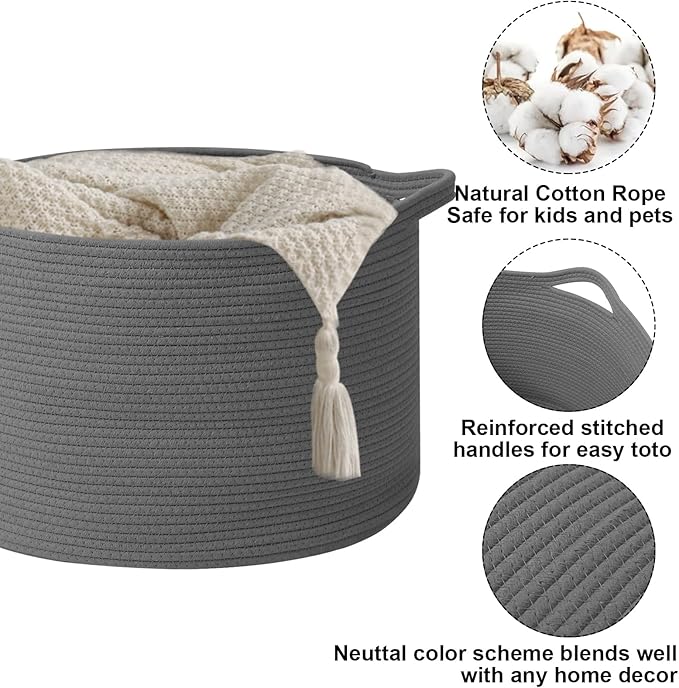Large Blanket Basket for Organizing,115L Closet Organizers and Storage Bins Box for Shelves Woven Rope Storage Baskets,Living Room,Bedroom,Dorm,Laundry room (Dark Grey)