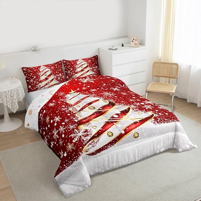 Feelyou Merry Christmas Comforter Set Queen Size Christmas Tree Bedding Set for Kids Boys Girls Snowflake Duvet Quilt Winter Bedroom Decor Microfiber 3 Pcs with 2 Pillow Cases