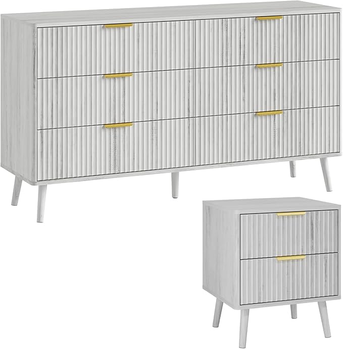 LYNSOM Fluted Dresser and Nightstand Sets 2 Piece, 2-Drawer Nightstands and 6-Drawers Dresser, Wood Bedroom Furniture Set for Home, Bedroom, Hallway, White