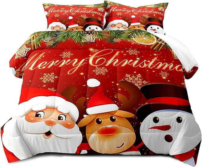LUVIVIHOME 3PCS Merry Christmas Comforter Set King Size, Reindeer Snowman Santa Claus Bedding, Holiday New Year Cute Christmas Bedroom Decor for Kids Boys Girls Teens, Xmas Gifts, 2 Pillow Cases