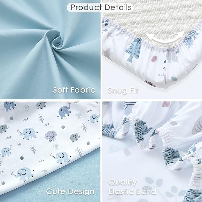 4 Pack Mini Crib Sheets Fitted - 38"x26" Pack and Play Sheets for Playard Mattress, Portable Mini Crib | Soft & Skin Friendly Pack N Play Sheets for Boys (Elephant & Woodland)