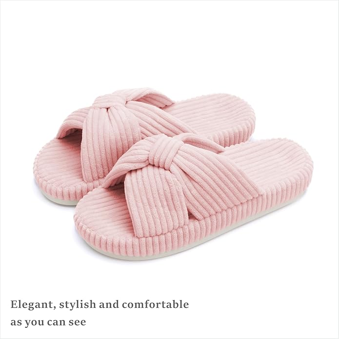 Chantomoo Slippers for Women Memory Foam House Bedroom Corduroy Bow Crossbands Slipper Shoes Comfy Trendy Gift Slippers