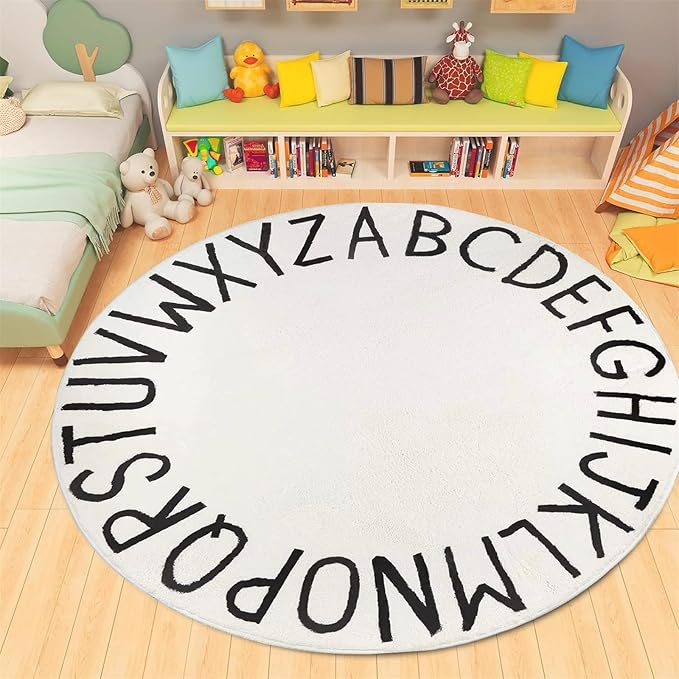 Round Alphabet Rug,3ft ABC Rugs for Kids Playroom,Boho Classroom Rug for Living Room, Bedroom, Machine Washable Soft Non Slip Non Shedding-White