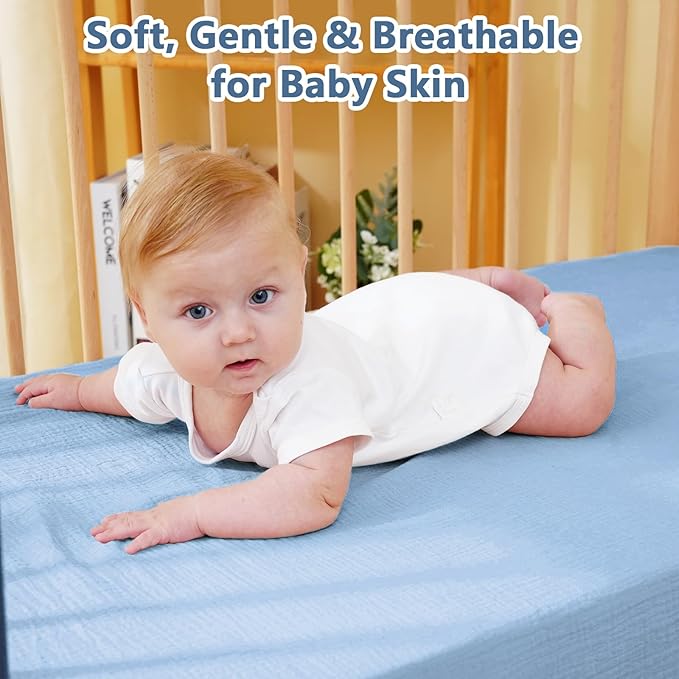 Muslin Crib Sheet – 100% Cotton Baby Fitted Sheet for Boys & Girls, Ultra Soft & Breathable, Snug Fit with 360° Elastic, Fits Standard Crib Mattress 28" x 52" & Toddler Beds.