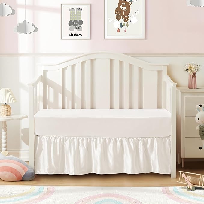 SiinvdaBZX 2-Piece Set Satin Crib Sheets & Crib Bed Skirt, 52" x 28" Silky Soft Ruffled Baby Crib Skirt with Adjustable Elastic 14" Drop, Fit for Standard Crib & Toddler Bedding (Ivory White)