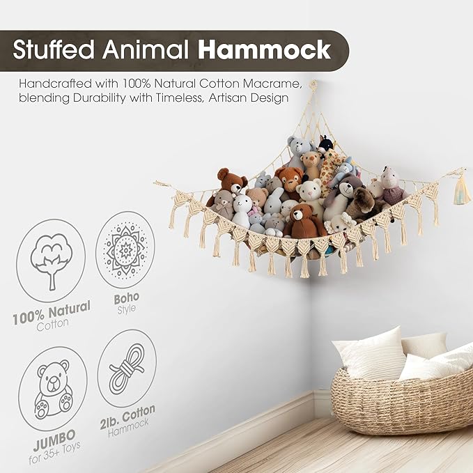 Extra Large Stuffed Animal Storage Hammock Corner with LED Lights – 25LB Capacity Hanging Toy Net for Small or Large Plushies, Boho Macrame Squishmallow, Plush Net, Purple