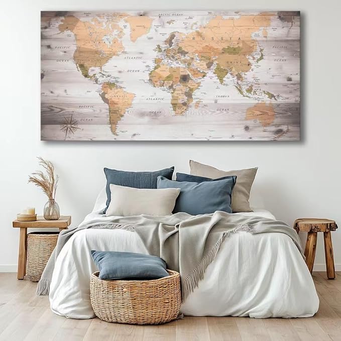 Large Wall Art grey map of The World Painting Ready to Hang 29"x58"Large Framed Wall Art World Map Canvas Map Decorations Artwork Prints