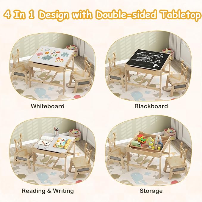Costzon Kids Table and Chairs, 4 in 1 Wooden Activity Desk Set w/Reversible Whiteboard & Chalkboard, Hidden Storage Space and Drawers for Arts, Crafts, Play, Toddler Table and Chair Set (Alien Shape)