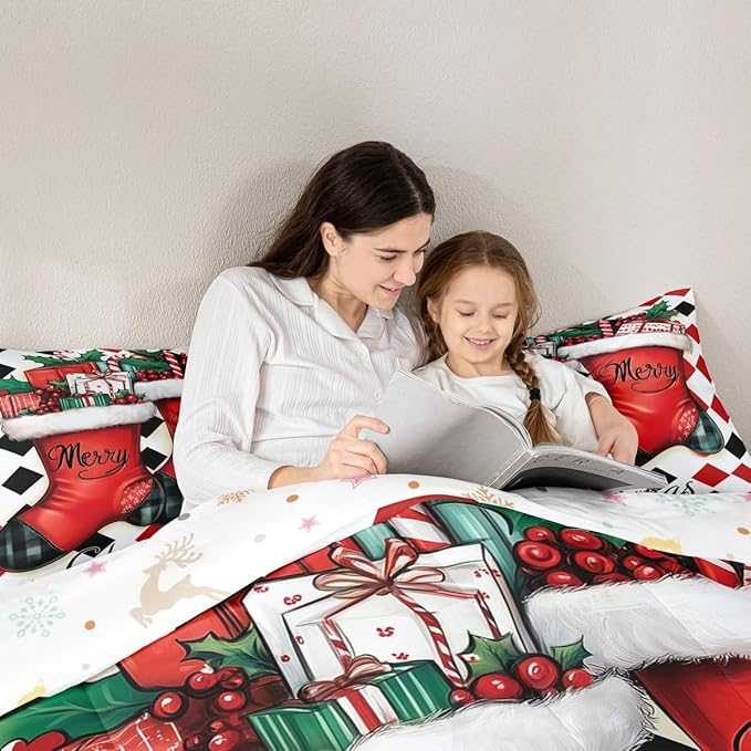 Feelyou Merry Christmas Comforter Set Twin Size Cartoon Shoes Bedding Set for Kids Boys Girls Duvet Quilt Winter Bedroom Decor Microfiber 2 Pcs with 1 Pillow Cases