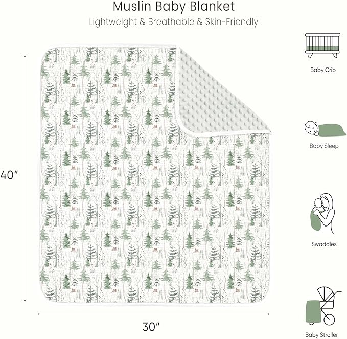 lulumoon Baby Blankets for Boys Newborn: Muslin & Minky Dotted Backing - Thermal Receiving Blanket for Stroller 30"x40"(Green Pine)