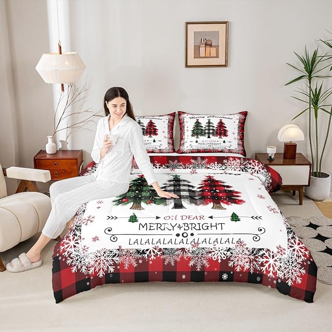 Christmas Comforter Set Queen Size, Red Plaid Xmas Trees Bedding Set 3pcs , Winter Snowflake New Year Reversible Down Comforter for All Season, Kids Boys Girls Room Decor, 2 Pillowcases, No Sheets