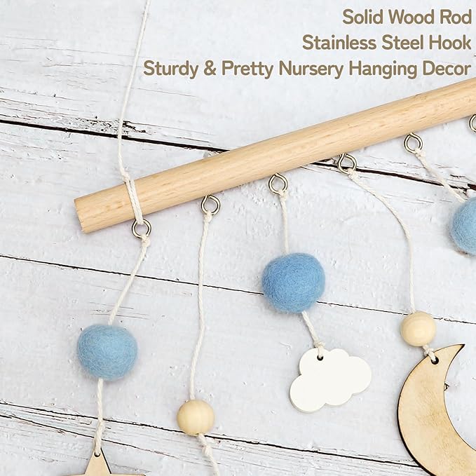 Boho Baby Nursery Decor - Handmade Wooden Moon and Star Wall Hanging Decor Boho Baby Mobile for Crib for Baby Nursery Bedroom - Felt Moon Stars Bed Hanger for Infant Newborn Boys Girls