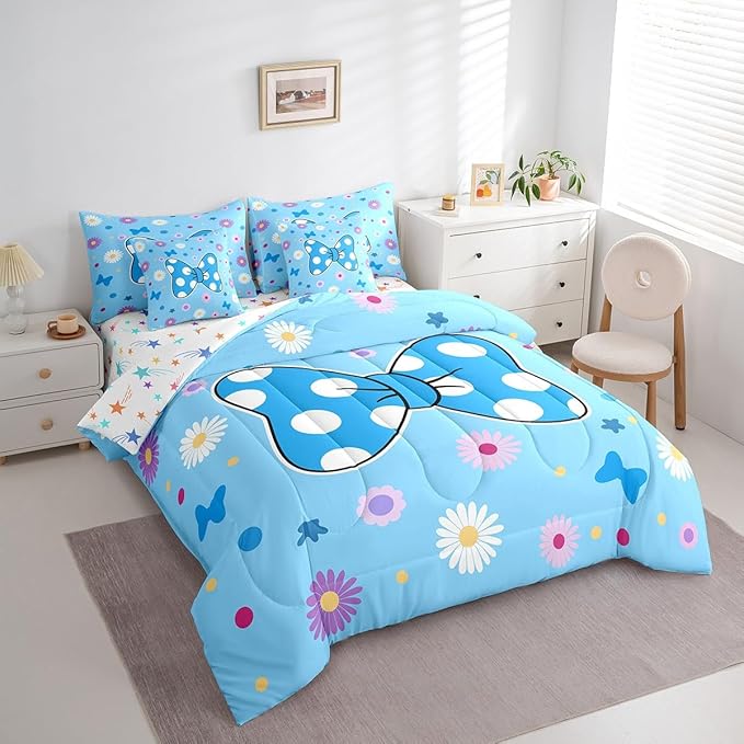 7 Pieces Blue Bowknot Kids Comforter Set King,Daisy Flowers Geometric Dot Patchwork Bedding Set,Star Bow Tie Princess Cute Dreamy（Comforter+Fitted+Flat Sheet+2 Pillowcases+2 Throw Pillow Covers）