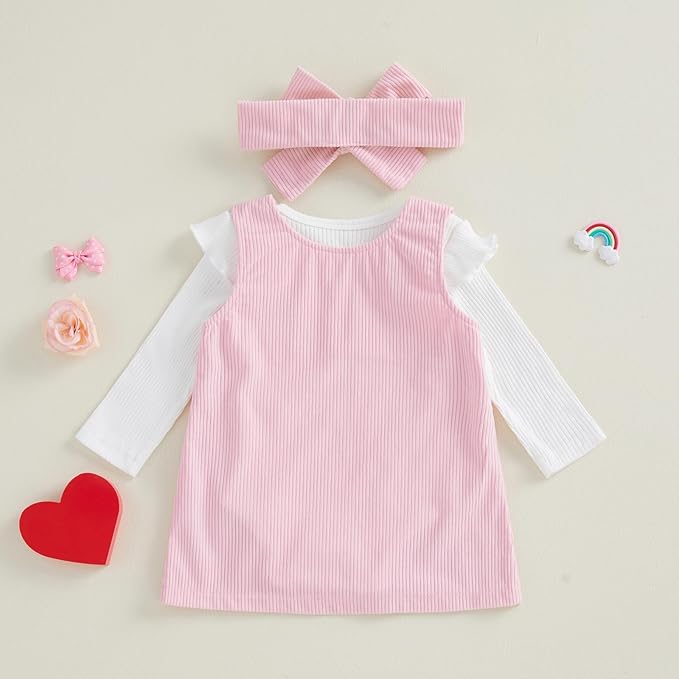 FIOMVA My First Valentines Day Outfit Clothes Baby Girl Romper Love Onesie Heart Embroidery Overalls Suspender Dress Set