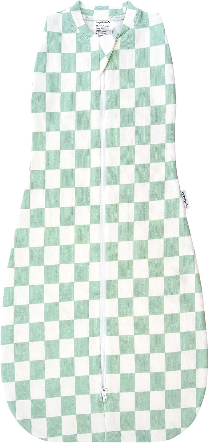 Tiny Twinkle Baby Sleep Sack 3-6 Months 1.0 TOG | Cotton & Elastane Wearable Blanket, Swaddle Transition Micro-Fleece, Machine Washable (Sage Checkers)
