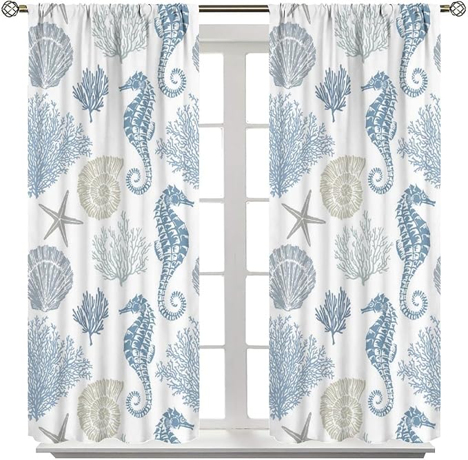 BAEKJIN Seahorse Coral Curtains,Starfish Seashell Beach Sea Starfish Seashell Theme Pattern Print Decor Home Bedroom Living Room Window Treatmen 2 Panel Set 42x45 Inch