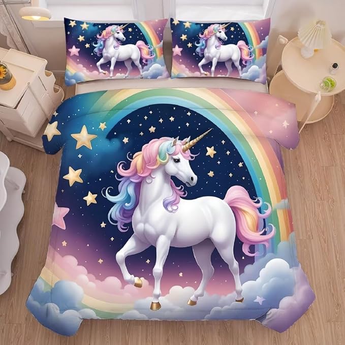kxry Unicorn Galaxy Comforter Sets Full Size Cartoon Blue Sky Rainbow Bedding Set Star Cloud Bedding Quilt for Kids Teens Girls 1 Comforter+ 2 Pillowcases