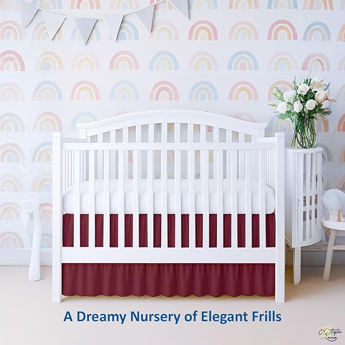 Cottington Lane Burgundy Crib Skirt Dust Ruffle, 100% Natural Cotton, Soft, Durable Nursery Crib Toddler Bedding Skirt for Baby Girls or Boys, Fits Standard Cribs 28" x 52" with 14" Drop